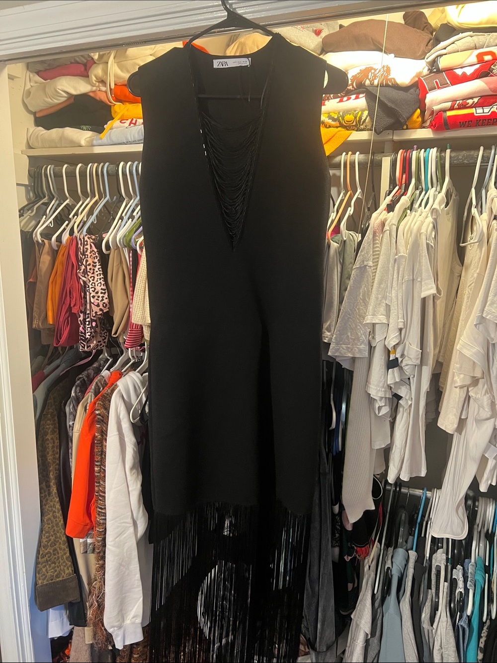 Zara Black Sleeveless Knit Dress with Fringe